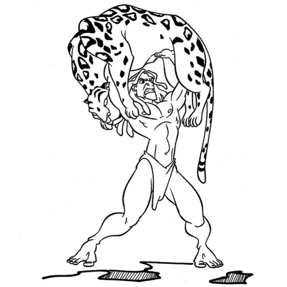 Disegno di Tarzan contro la tigre da colorare