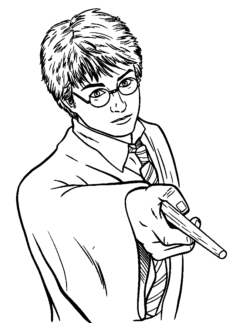 Disegno di Harry Potter con la sua bacchetta da colorare