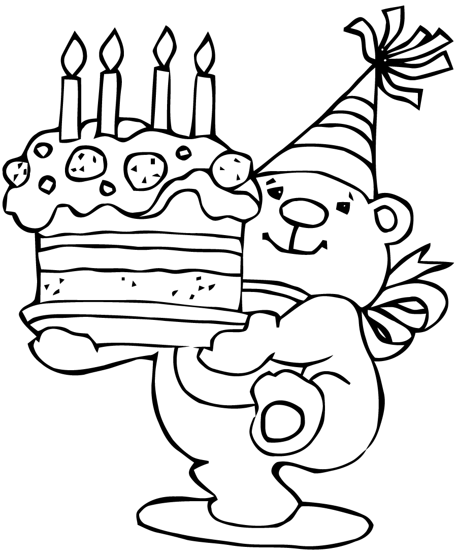 Disegno di Orso con torta di compleanno da colorare