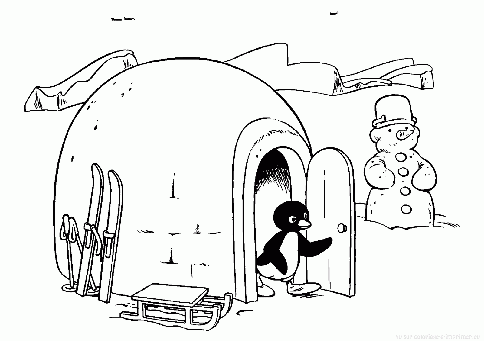 Disegno di Un pinguino accanto a un igloo da colorare