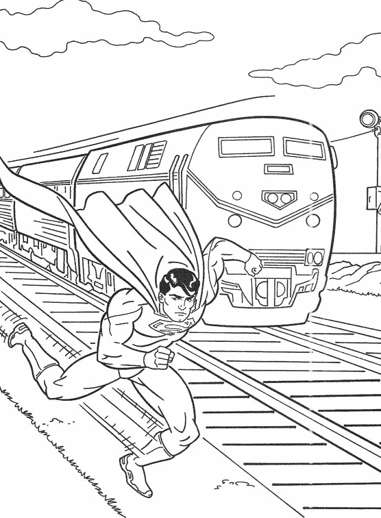 Disegno di Superman accanto a un treno da colorare