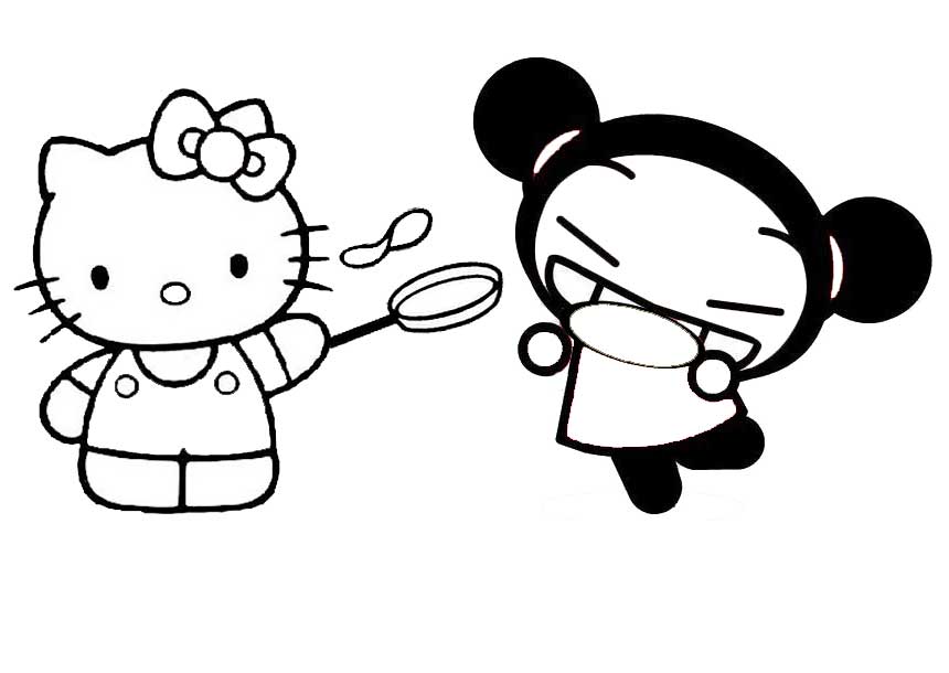 Disegno di Hello Kitty e Pucca da colorare