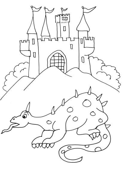 Disegno di Drago accanto a un castello da colorare
