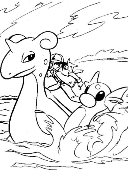 Disegno di Sacha e i Pokemon sull'acqua da colorare