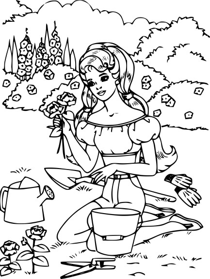 Coloriage Barbie cueille des fleurs